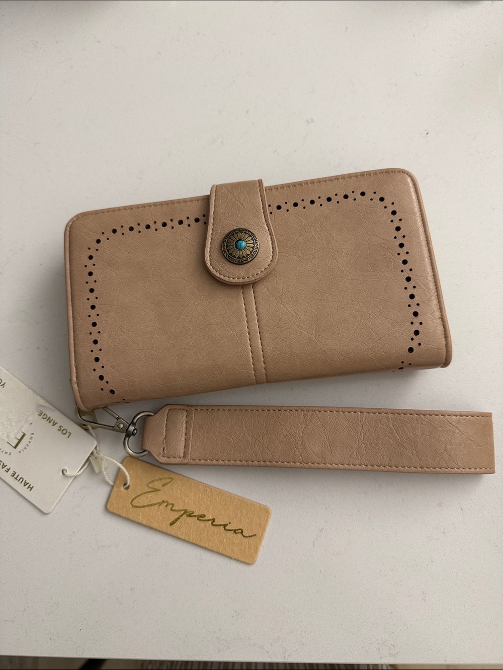 Emperia Beige Perforated Wristlet Clutch with Turquoise Concho